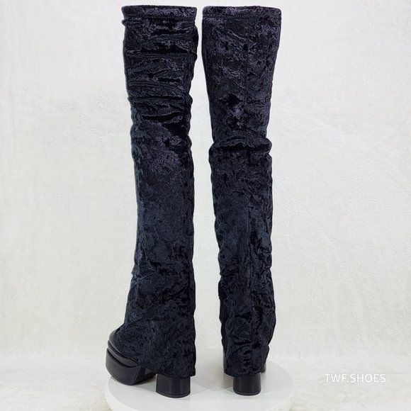 Unique Thigh High Black Velvet Fold over Skirted Chunky Heel Platform Boots - Picture 14 of 17